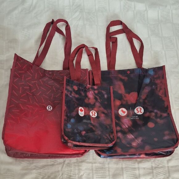 Lululemon Athletica Red and Black Tote Reusable Bag Trio Bundle Of 3 Bags - Picture 1 of 16